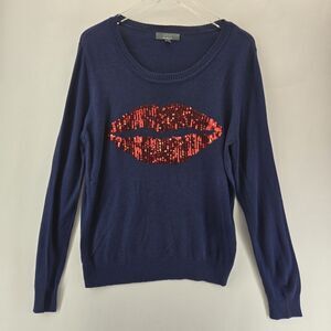 Saks Fifth‎ Ave Sweater Womens Large Sequin Kiss Lips Bling Blue Angora Novelty